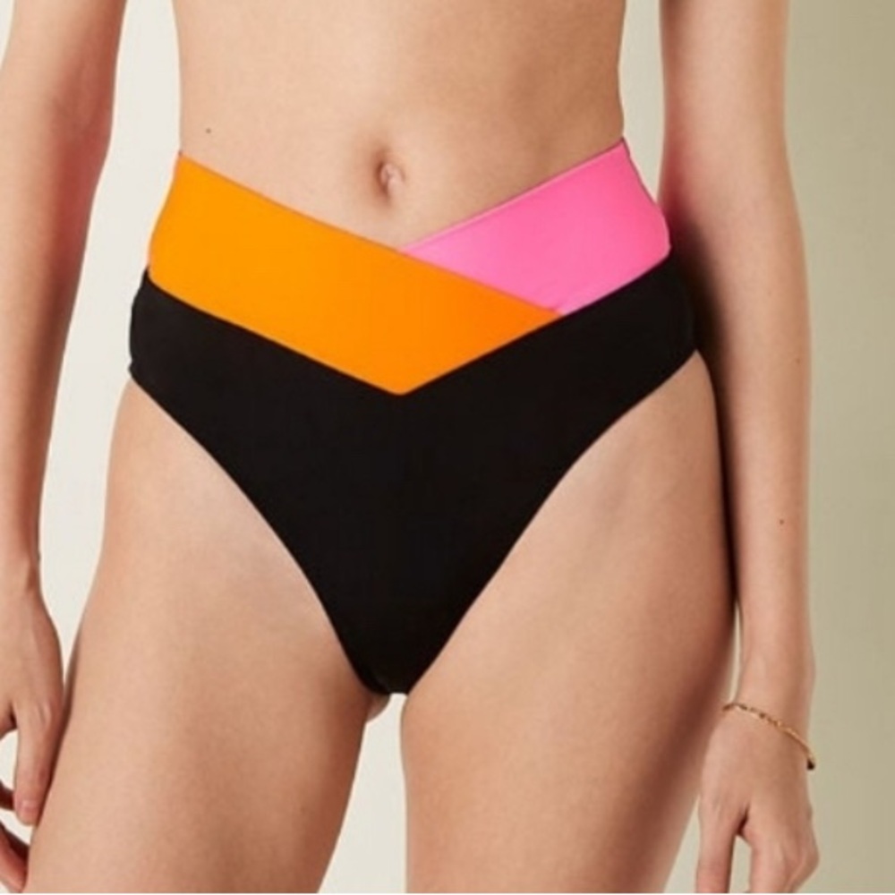 Victoria's Secret Colorblock High-Waist Bikini Bottom - Black, Orange & Pink